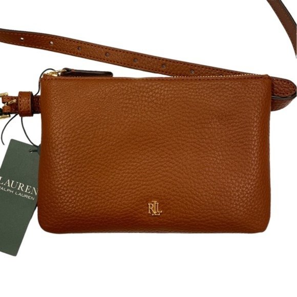 LAUREN RALPH LAUREN Logo Pebbled Faux Leather Belt Bag - Brown / Gold NWT - Picture 2 of 4
